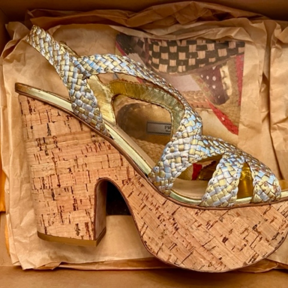Prada woven gold and silver cork heel platform sandals 10.5